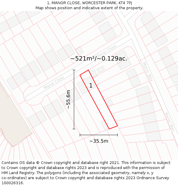 1, MANOR CLOSE, WORCESTER PARK, KT4 7PJ: Plot and title map