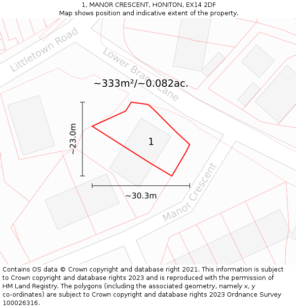 1, MANOR CRESCENT, HONITON, EX14 2DF: Plot and title map