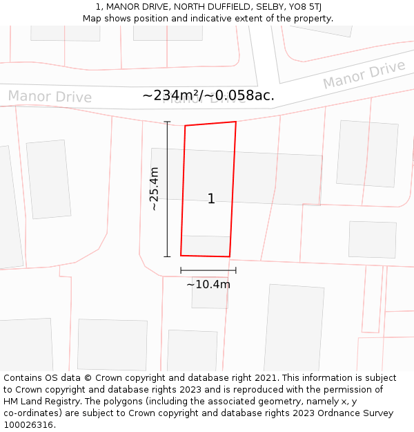 1, MANOR DRIVE, NORTH DUFFIELD, SELBY, YO8 5TJ: Plot and title map