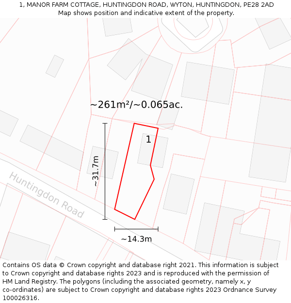 1, MANOR FARM COTTAGE, HUNTINGDON ROAD, WYTON, HUNTINGDON, PE28 2AD: Plot and title map