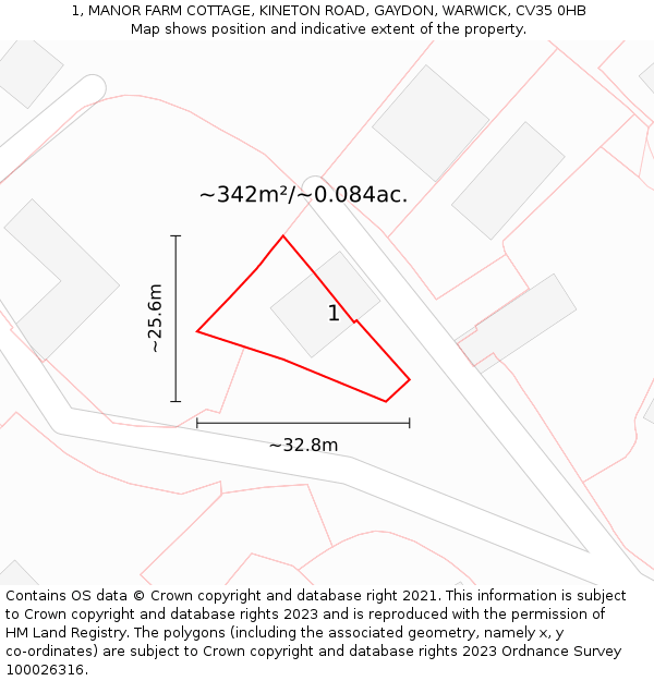 1, MANOR FARM COTTAGE, KINETON ROAD, GAYDON, WARWICK, CV35 0HB: Plot and title map