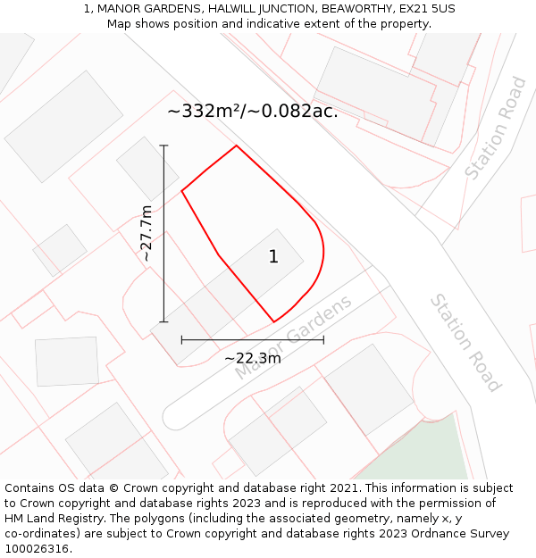 1, MANOR GARDENS, HALWILL JUNCTION, BEAWORTHY, EX21 5US: Plot and title map