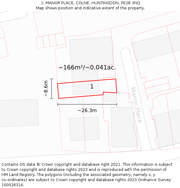 1, MANOR PLACE, COLNE, HUNTINGDON, PE28 3NQ: Plot and title map