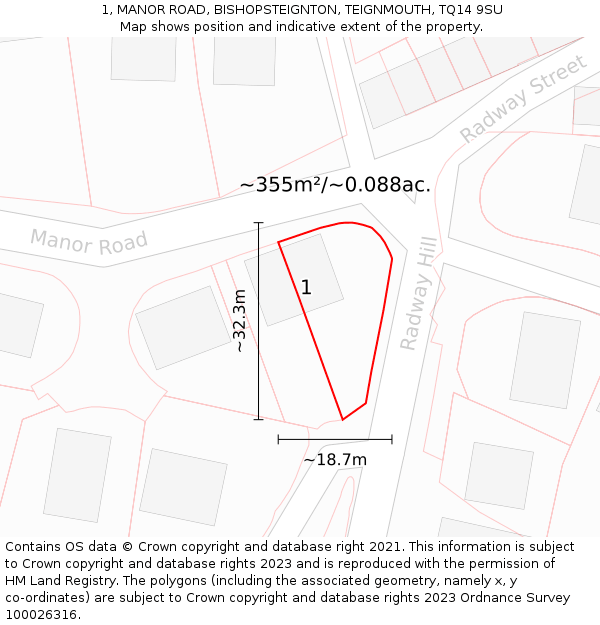 1, MANOR ROAD, BISHOPSTEIGNTON, TEIGNMOUTH, TQ14 9SU: Plot and title map