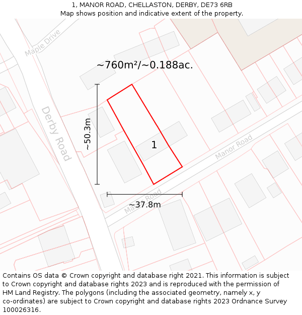 1, MANOR ROAD, CHELLASTON, DERBY, DE73 6RB: Plot and title map