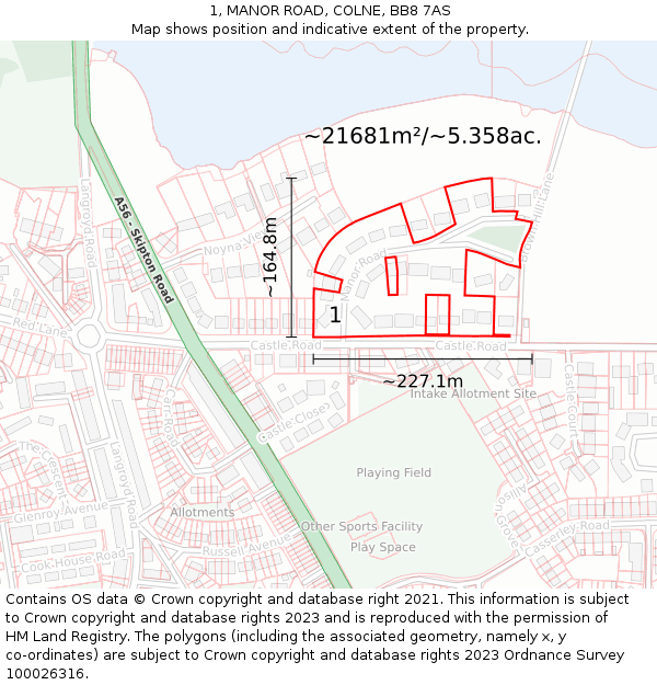 1, MANOR ROAD, COLNE, BB8 7AS: Plot and title map