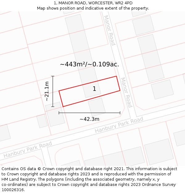1, MANOR ROAD, WORCESTER, WR2 4PD: Plot and title map
