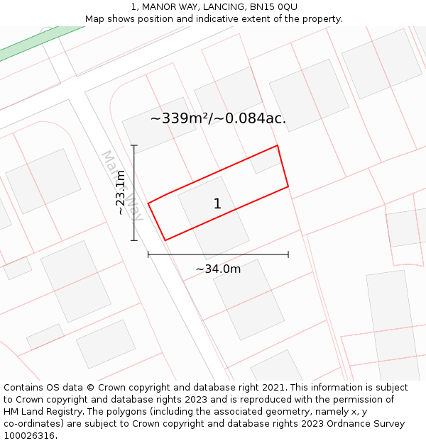 1, MANOR WAY, LANCING, BN15 0QU: Plot and title map