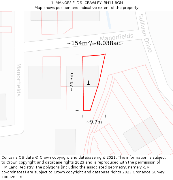 1, MANORFIELDS, CRAWLEY, RH11 8GN: Plot and title map