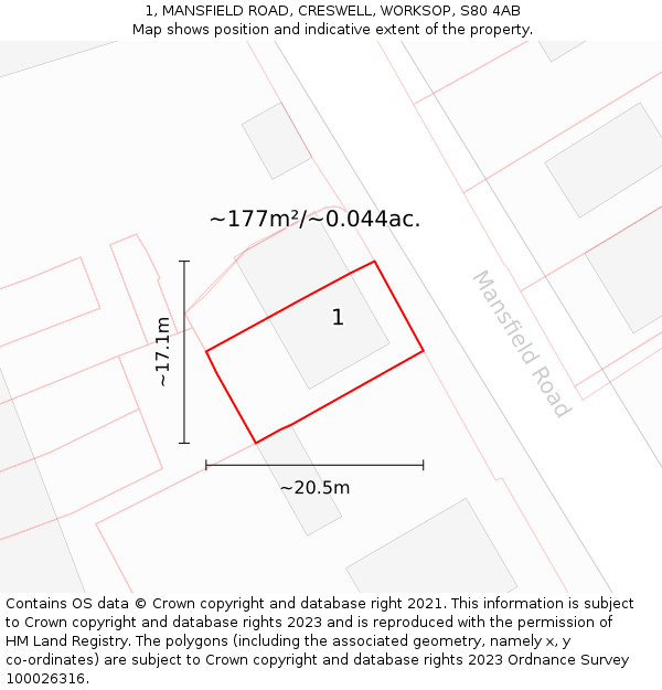 1, MANSFIELD ROAD, CRESWELL, WORKSOP, S80 4AB: Plot and title map