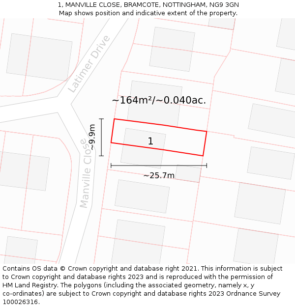 1, MANVILLE CLOSE, BRAMCOTE, NOTTINGHAM, NG9 3GN: Plot and title map