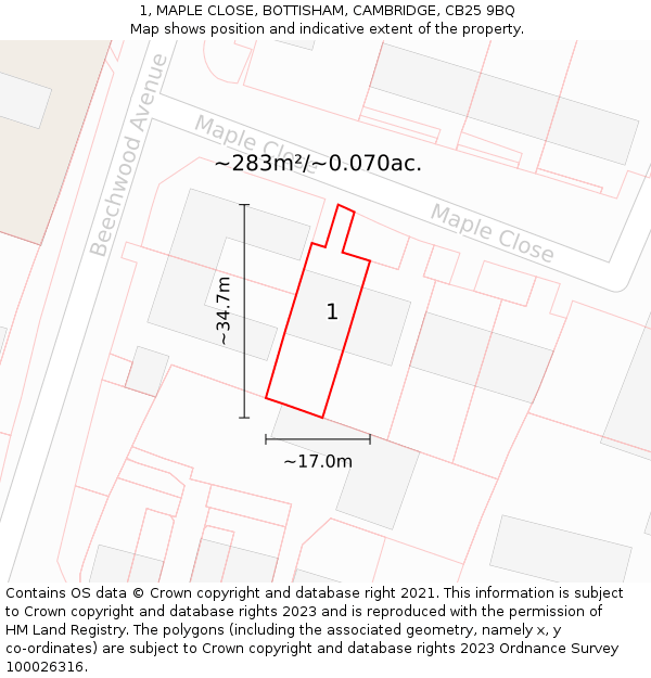 1, MAPLE CLOSE, BOTTISHAM, CAMBRIDGE, CB25 9BQ: Plot and title map