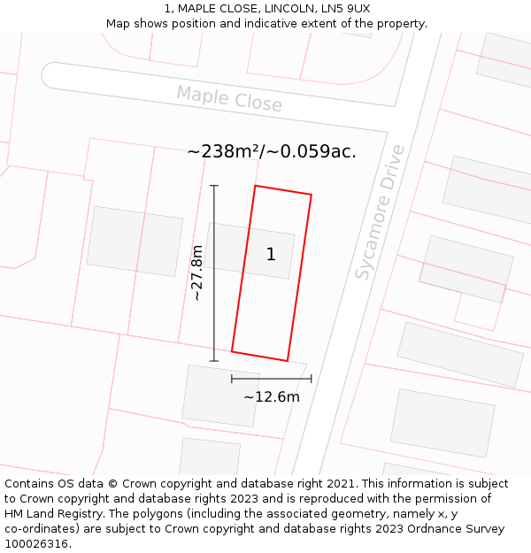 1, MAPLE CLOSE, LINCOLN, LN5 9UX: Plot and title map