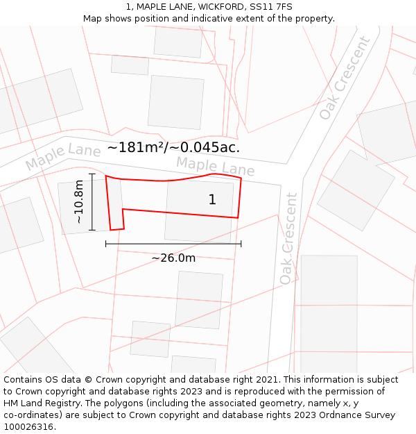 1, MAPLE LANE, WICKFORD, SS11 7FS: Plot and title map