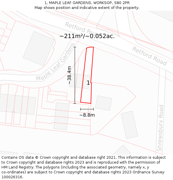 1, MAPLE LEAF GARDENS, WORKSOP, S80 2PR: Plot and title map