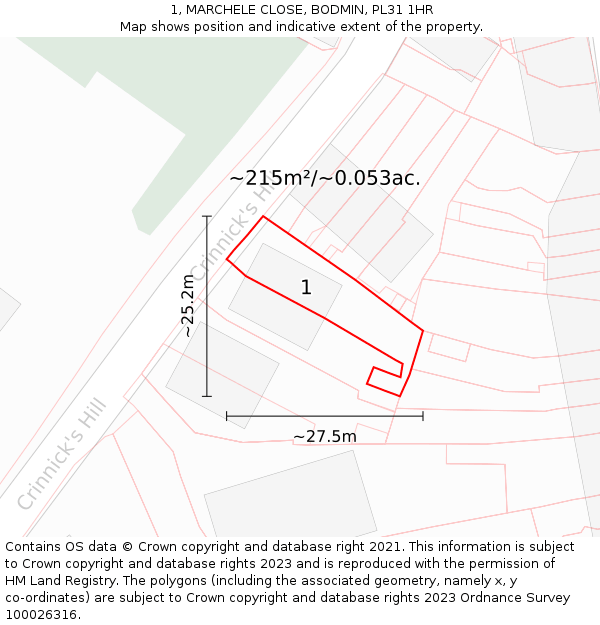 1, MARCHELE CLOSE, BODMIN, PL31 1HR: Plot and title map