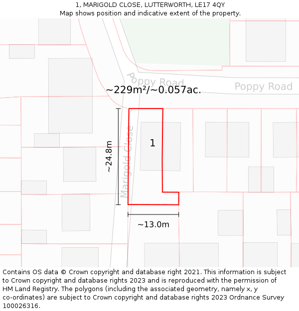 1, MARIGOLD CLOSE, LUTTERWORTH, LE17 4QY: Plot and title map