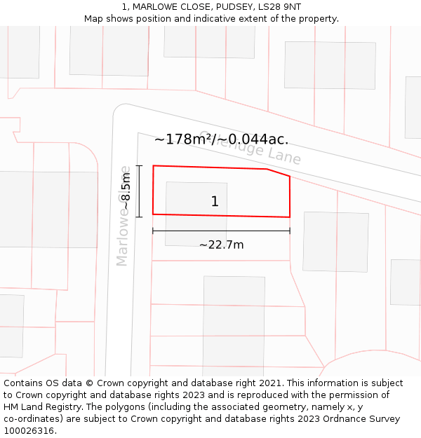 1, MARLOWE CLOSE, PUDSEY, LS28 9NT: Plot and title map