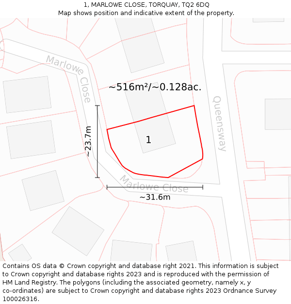 1, MARLOWE CLOSE, TORQUAY, TQ2 6DQ: Plot and title map