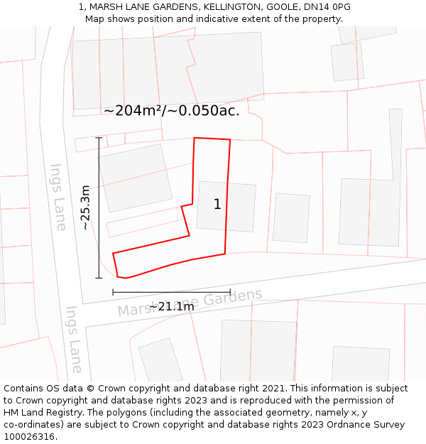 1, MARSH LANE GARDENS, KELLINGTON, GOOLE, DN14 0PG: Plot and title map
