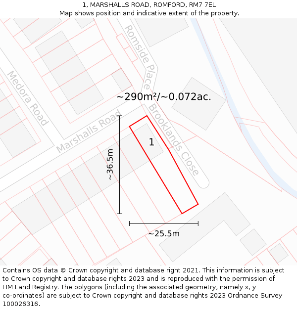 1, MARSHALLS ROAD, ROMFORD, RM7 7EL: Plot and title map