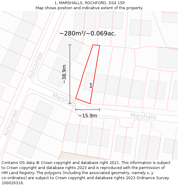 1, MARSHALLS, ROCHFORD, SS4 1SP: Plot and title map
