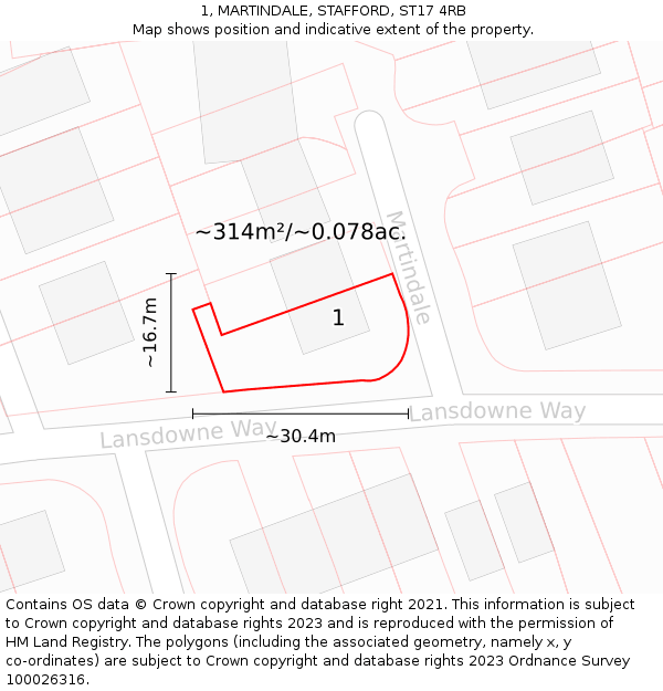 1, MARTINDALE, STAFFORD, ST17 4RB: Plot and title map