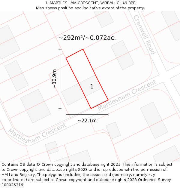 1, MARTLESHAM CRESCENT, WIRRAL, CH49 3PR: Plot and title map