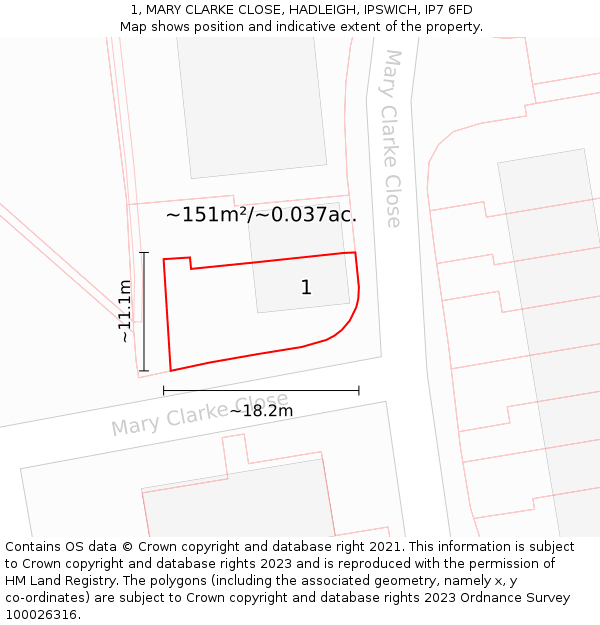 1, MARY CLARKE CLOSE, HADLEIGH, IPSWICH, IP7 6FD: Plot and title map