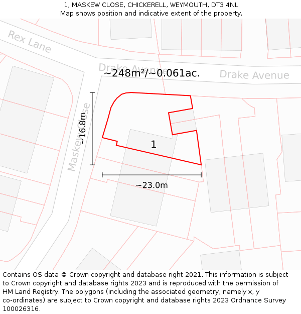 1, MASKEW CLOSE, CHICKERELL, WEYMOUTH, DT3 4NL: Plot and title map