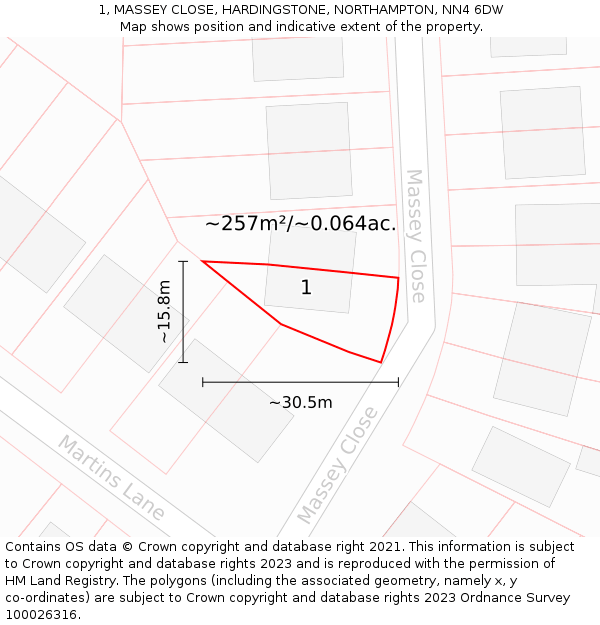 1, MASSEY CLOSE, HARDINGSTONE, NORTHAMPTON, NN4 6DW: Plot and title map