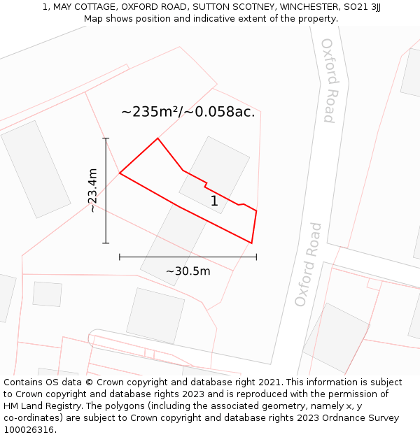 1, MAY COTTAGE, OXFORD ROAD, SUTTON SCOTNEY, WINCHESTER, SO21 3JJ: Plot and title map