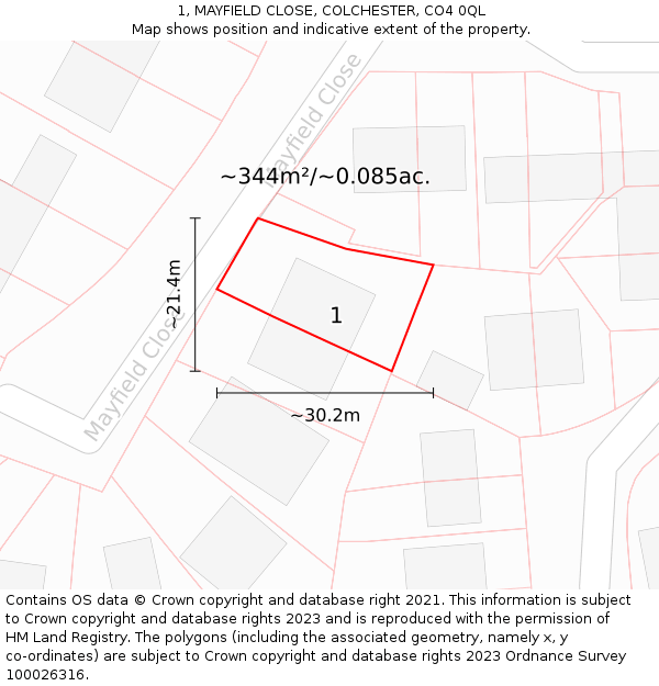 1, MAYFIELD CLOSE, COLCHESTER, CO4 0QL: Plot and title map