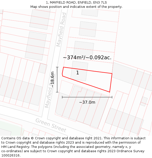 1, MAYFIELD ROAD, ENFIELD, EN3 7LS: Plot and title map