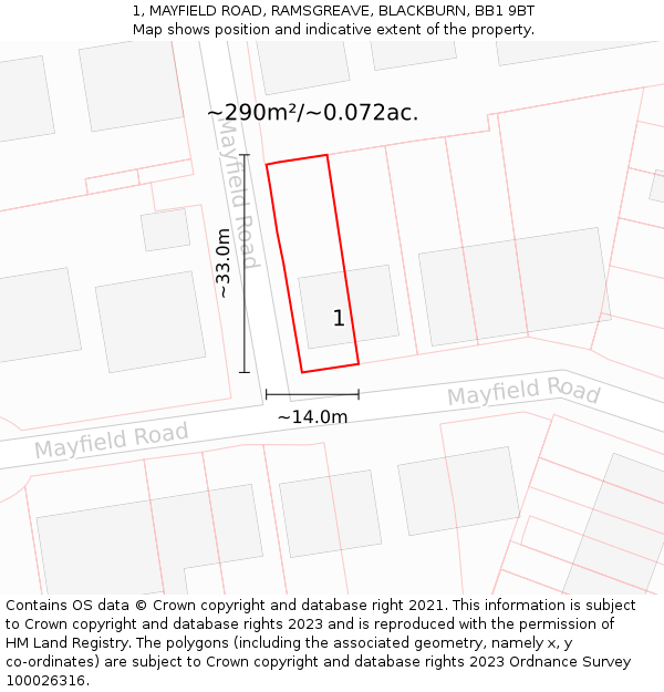 1, MAYFIELD ROAD, RAMSGREAVE, BLACKBURN, BB1 9BT: Plot and title map