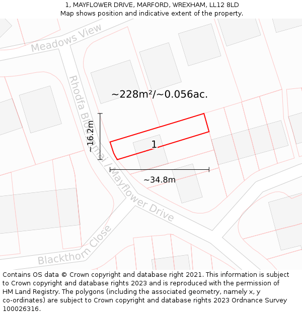 1, MAYFLOWER DRIVE, MARFORD, WREXHAM, LL12 8LD: Plot and title map
