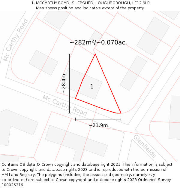 1, MCCARTHY ROAD, SHEPSHED, LOUGHBOROUGH, LE12 9LP: Plot and title map