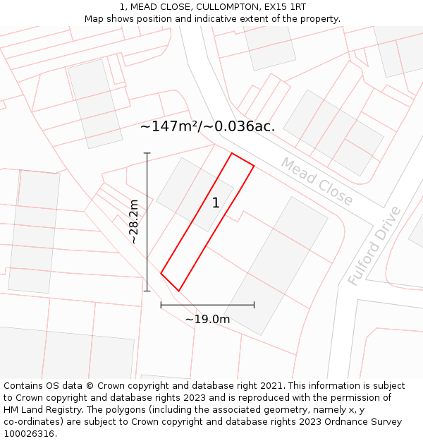 1, MEAD CLOSE, CULLOMPTON, EX15 1RT: Plot and title map