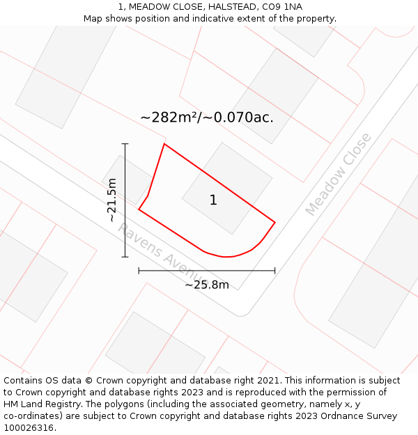 1, MEADOW CLOSE, HALSTEAD, CO9 1NA: Plot and title map