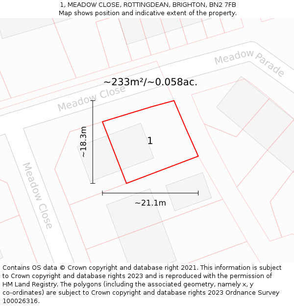 1, MEADOW CLOSE, ROTTINGDEAN, BRIGHTON, BN2 7FB: Plot and title map