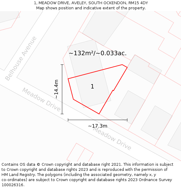 1, MEADOW DRIVE, AVELEY, SOUTH OCKENDON, RM15 4DY: Plot and title map
