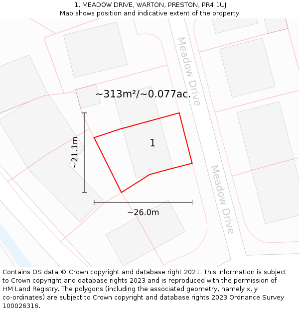 1, MEADOW DRIVE, WARTON, PRESTON, PR4 1UJ: Plot and title map