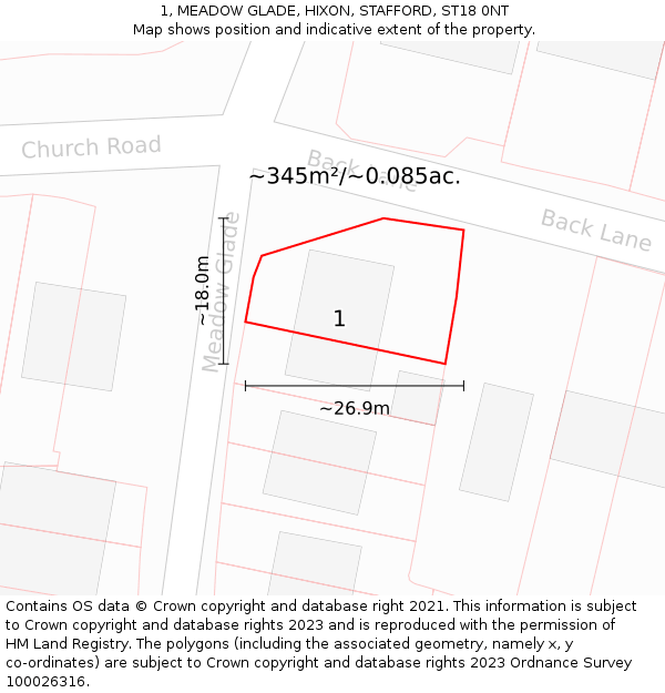 1, MEADOW GLADE, HIXON, STAFFORD, ST18 0NT: Plot and title map