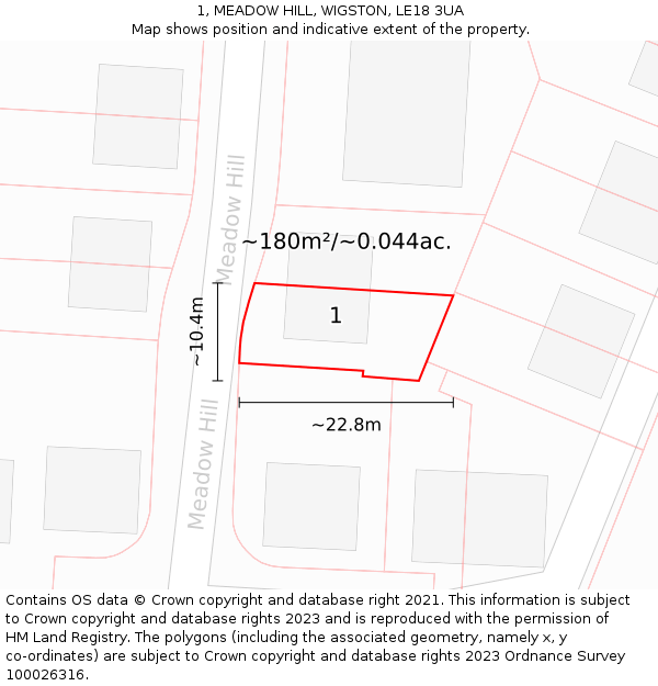 1, MEADOW HILL, WIGSTON, LE18 3UA: Plot and title map