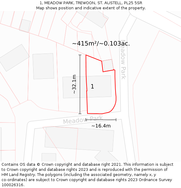 1, MEADOW PARK, TREWOON, ST. AUSTELL, PL25 5SR: Plot and title map