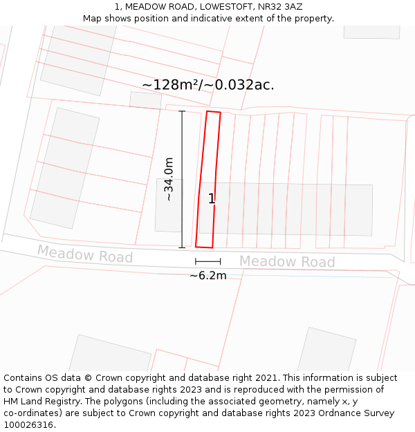 1, MEADOW ROAD, LOWESTOFT, NR32 3AZ: Plot and title map