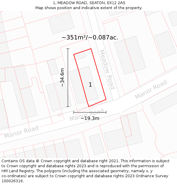 1, MEADOW ROAD, SEATON, EX12 2AS: Plot and title map