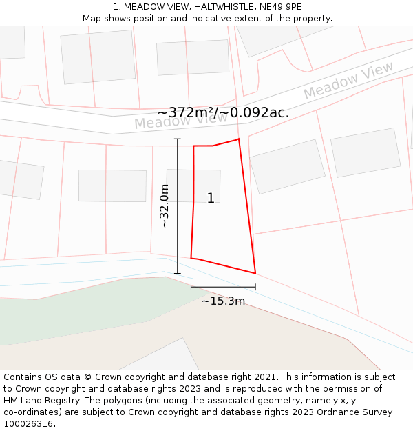 1, MEADOW VIEW, HALTWHISTLE, NE49 9PE: Plot and title map