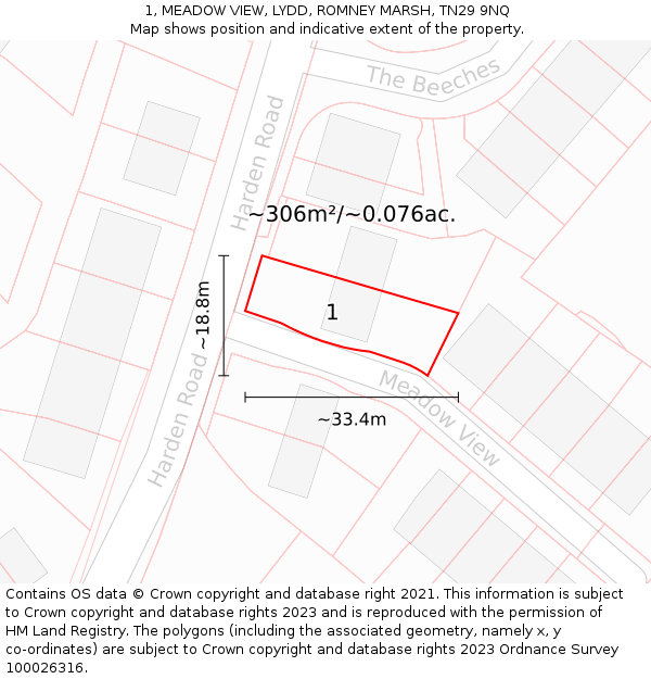 1, MEADOW VIEW, LYDD, ROMNEY MARSH, TN29 9NQ: Plot and title map