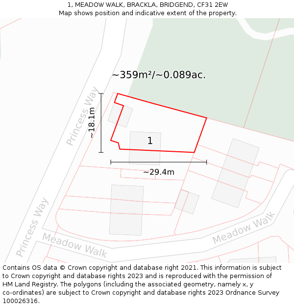 1, MEADOW WALK, BRACKLA, BRIDGEND, CF31 2EW: Plot and title map